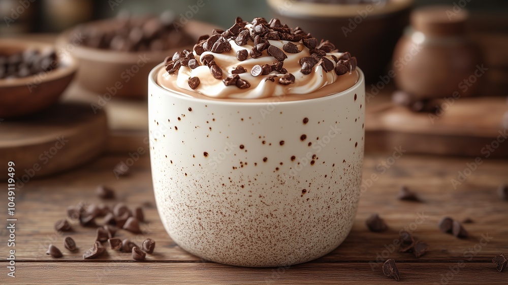 Artistic Latte Art with Chocolate Shavings in White Ceramic Cup on Rustic Wooden Table Artistic Latte Art with Chocolate Shavings in White Ceramic Cup on Rustic Wooden Table