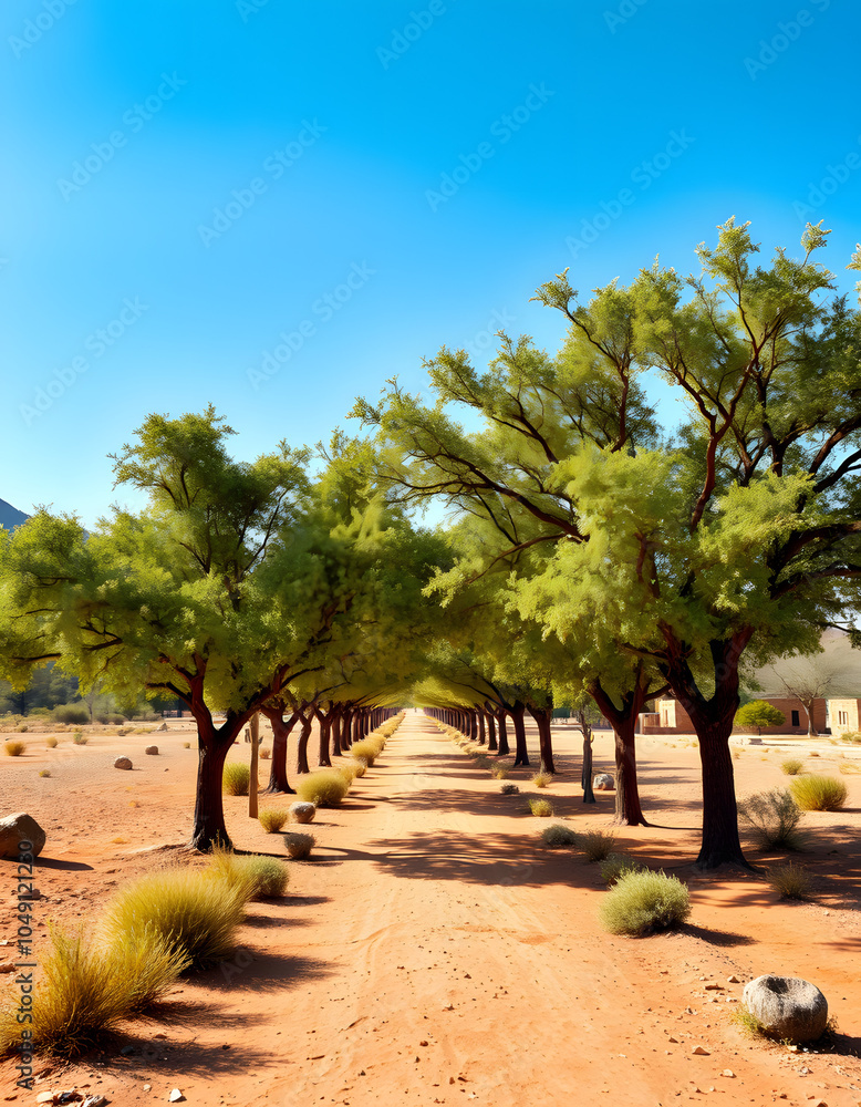 Fototapeta premium Picturesque avenue of shady green trees, welcoming you to a charming oasis town, in the middle of no-where, surrounded by a dry and harsh landscape isolated with white highlights, png