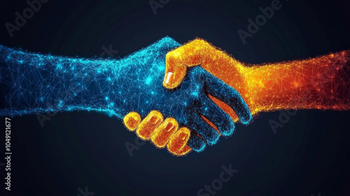 A digital handshake symbolizes cooperation and partnership in a technology-driven future with vibrant blue and orange colors