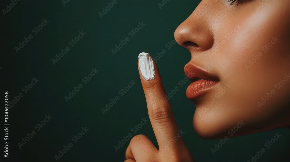 Obraz premium Close-up of woman's finger with skincare cream near face on dark green background