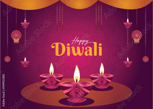 Happy Diwali , the Indian Festival of Lights. Celebrate with a holiday background featuring a mandala and an oil lamp. Perfect for a Diwali greeting card or festive abstract design.