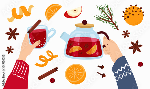 Hands with glass and teapot with mulled wine. Winter drinks. Ingredients - fruits, spices. Illustration on white background.