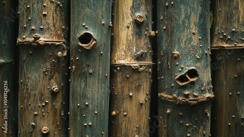 A close-up of bamboo stems with termite holes, offering a rugged, natural texture for an organic and rustic background. -