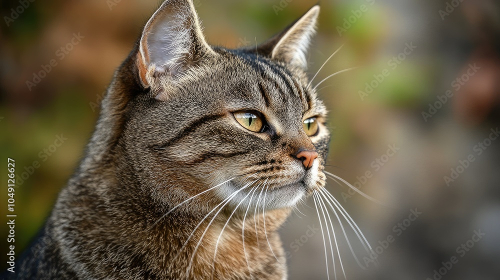A close-up portrait of a shorthair cat, with detailed fur and whiskers, offering room for text or design elements in the background.
