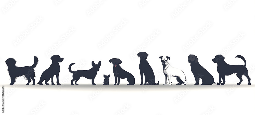 Obraz premium Silhouettes of various dog breeds standing in a row, vector illustration on a white background, ideal for pet shops or animal care services, high resolution.