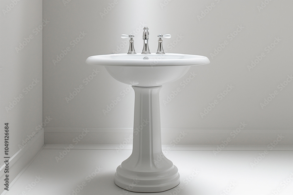 A white porcelain sink sits on an elegant pedestal against a bright white background. A white porcelain sink sits on an elegant pedestal against a bright white background.
