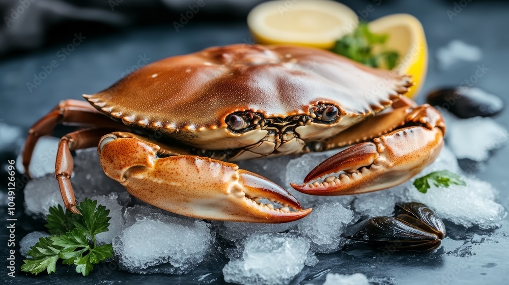 Fresh Catch of the Day Whole Crab on Ice, Garnished with Mussels and Fresh Lemon Wedges Fresh Catch of the Day Whole Crab on Ice, Garnished with Mussels and Fresh Lemon Wedges