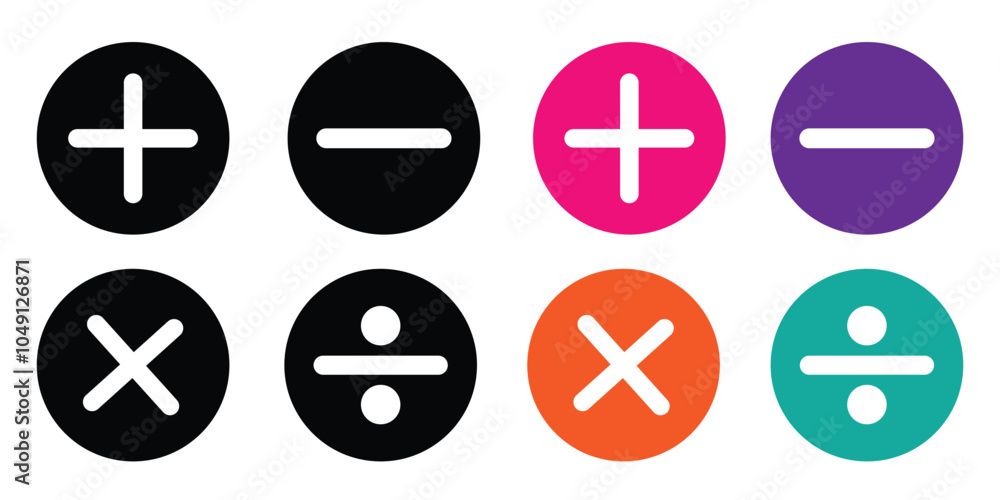 Obraz premium Mathematical Icon Set - Includes plus, minus, multiply, divide, equals and percentage icons/symbols set within circles.