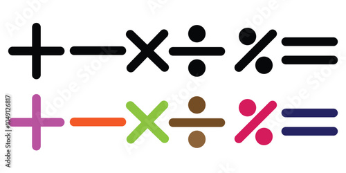 Plus, minus, multiply, equal and divide, percentage sign icons or symbols set. Math/mathematics sign or symbol/ icon vector illustration.