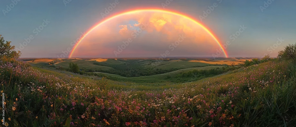 Obraz premium Rainbow Arcing Over a Field of Wildflowers at Sunset