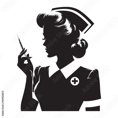 1940s Nurse silhouette  vector  black color white background 