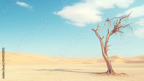 A dead, dried tree standing in the desert, symbolizing the harsh impact of climate change and environmental degradation, with ample space for text. photo