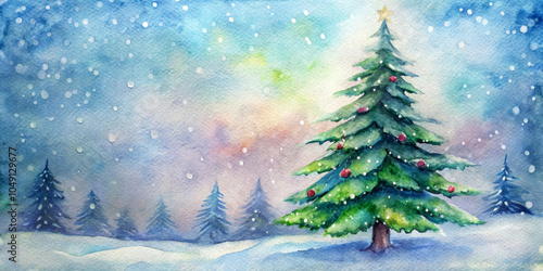 Tall Christmas tree adorned with red ornaments stands prominently against a snowy backdrop,with smaller trees fading into the distance.Snowflakes gently fall from colorful sky with the copy space. AI 