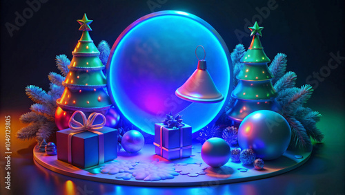 Whimsical holiday scene features glowing Christmas trees decorated with lights, surrounded by wrapped presents and ornaments.Central circular frame and color palette create a festive copy space. AI ge