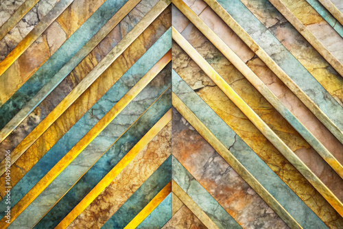 Diagonal lines in shades of green, yellow and brown converge in the middle, forming a symmetrical geometric pattern. The design has a textured look, layered and weathered with copy space. AI generated