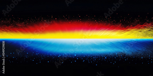 Vibrant colors curve horizontally, smoothly transitioning from deep reds and yellows at the top to cool blues at the bottom. The lower part has small white dots scattered with copy space. AI generated