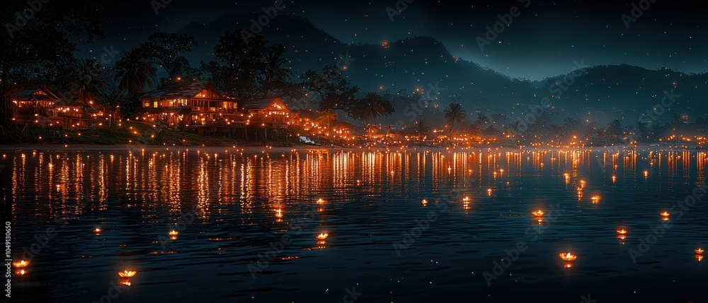 Obraz premium Floating Lanterns Illuminate a Nighttime River Scene with a Distant Mountain Range