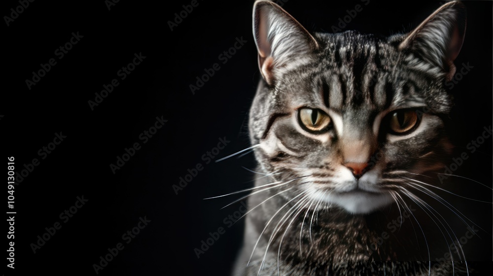 Obraz premium A detailed portrait of a shorthair cat, showing its expressive eyes and fur, with ample copy space in the background for text or design.