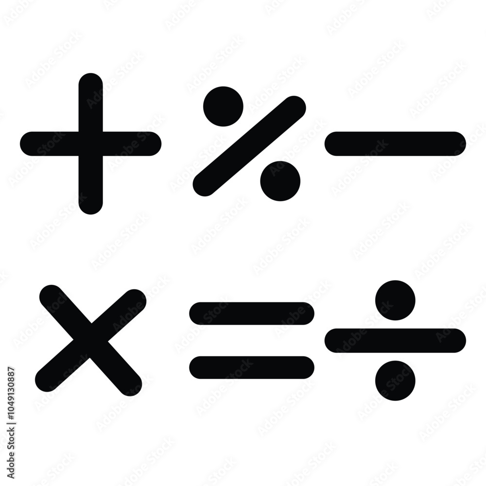 Mathematical symbol icon. Set of math symbols icons. Addition, subtraction, division, equal, multiplication, percent symbols or icons. Mathematical symbol icon. Set of math symbols icons. Addition, subtraction, division, equal, multiplication, percent symbols or icons.