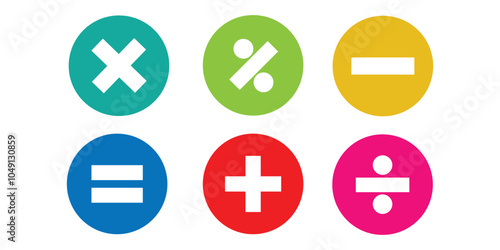 Mathematical symbol icon with circle. Set of math symbols icons. Addition, subtraction, division, equal, multiplication, percent symbols or icons.
