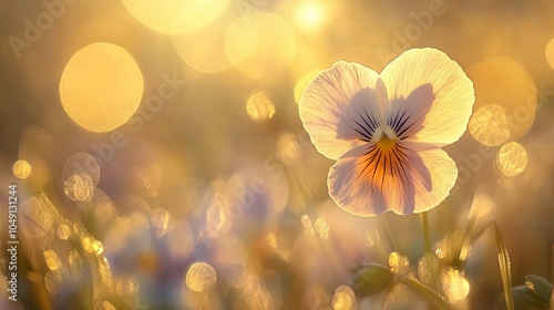 A dreamy, soft-focus capture of a pansy flower, its petals radiant in the sunlight with a shimmering bokeh backdrop adding magic to the scene.