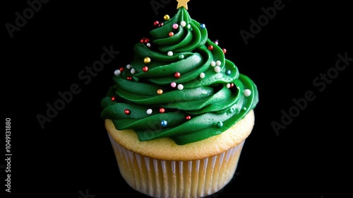 A festive cupcake with green icing swirled like a Christmas tree, adorned with holiday sprinkles and decorations for a Christmas treat.