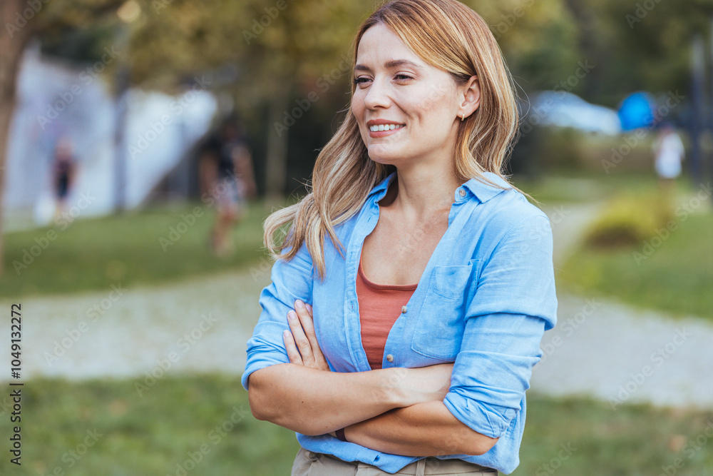 Confident Woman Smiling Outdoors in a Blue Shirt Confident Woman Smiling Outdoors in a Blue Shirt