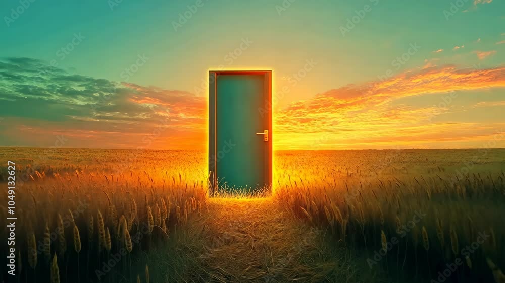 glowing door in wheat field at sunset, surreal landscape. inspiration and fantasy concept glowing door in wheat field at sunset, surreal landscape. inspiration and fantasy concept