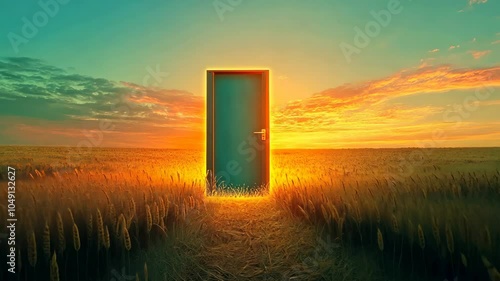 glowing door in wheat field at sunset, surreal landscape. inspiration and fantasy concept