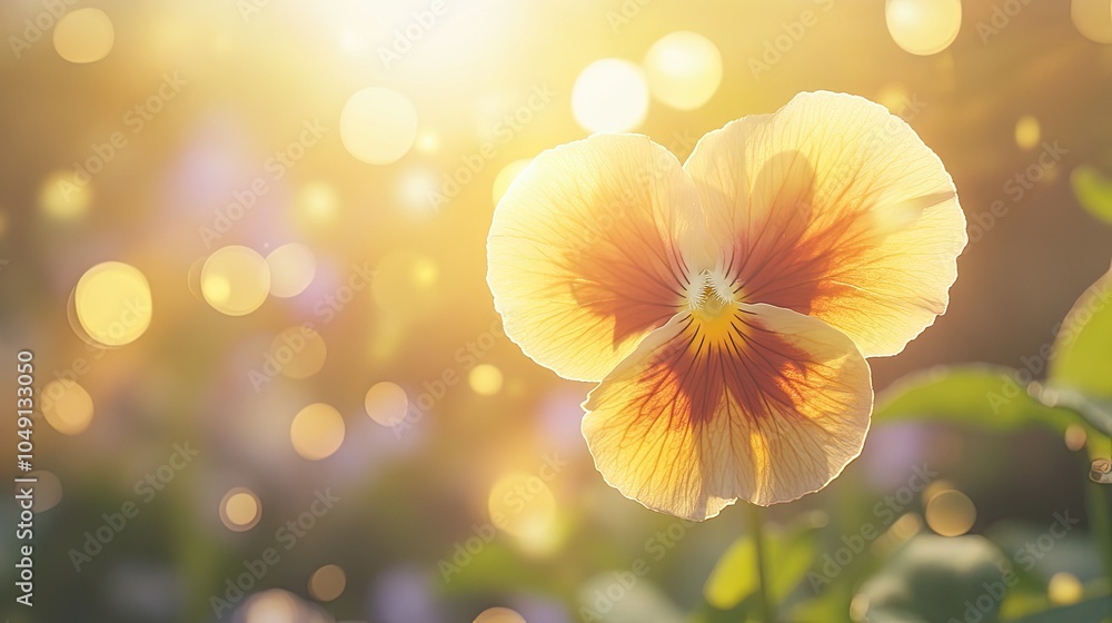A glowing, sunlit pansy flower in soft focus, surrounded by a bokeh backdrop that shimmers with delicate light. Nature at its most serene. A glowing, sunlit pansy flower in soft focus, surrounded by a bokeh backdrop that shimmers with delicate light. Nature at its most serene.