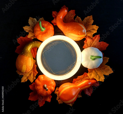 Halloween light-up mini pumpkin decoration with yellow leaves in table. Creative table decoration for Thanksgiving and Halloween