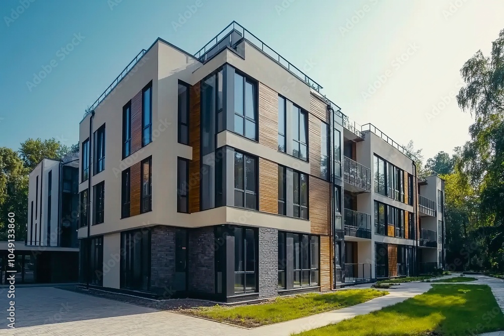 New modern block of flats in green area. residential apartment with flat buildings exterior. luxury house complex. Part of City Real estate property, condo architecture.generative ai New modern block of flats in green area. residential apartment with flat buildings exterior. luxury house complex. Part of City Real estate property, condo architecture.generative ai