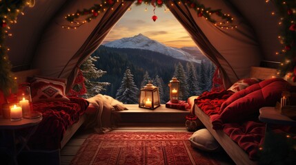 Christmas Glamping background interior camping cozy tent with views of snowy trees and winter rolling hills mountains teams backdrop. Fun for virtual online presentation remote video call meeting.