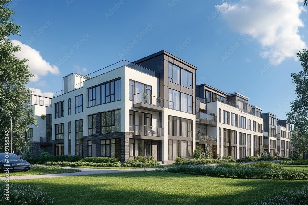 Fototapeta premium New modern block of flats in green area. residential apartment with flat buildings exterior. luxury house complex. Part of City Real estate property, condo architecture.generative ai