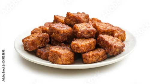 A plate of golden fried tempeh on a white background, creating a simple yet appetizing presentation with space for text or design.