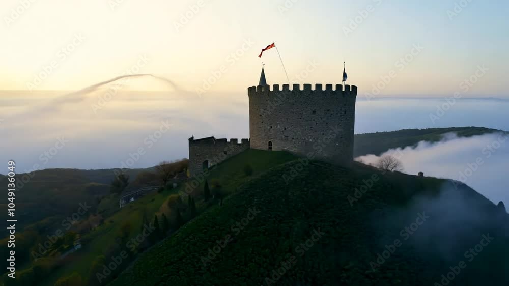 An aerial view of a stone castle with a red flag atop a tower, situated on a hill covered in green grass and trees. An aerial view of a stone castle with a red flag atop a tower, situated on a hill covered in green grass and trees.
