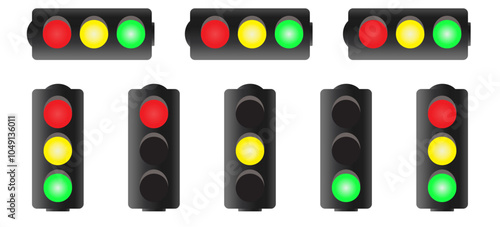 Traffic lights illustrations for any purpose. Isolated object. Green, yellow and red light stoplights.
