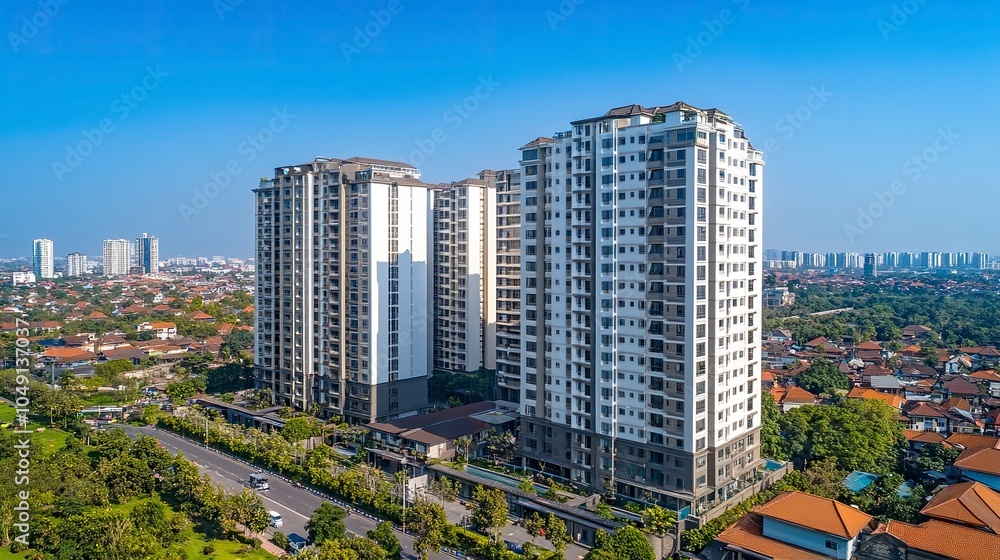Naklejka premium Surabaya, Indonesia - September 04 2024 : High-rise apartments line the expansive cityscape on a sunny day, showcasing modern architecture amidst clear blue skies and green surroundings. generative ai