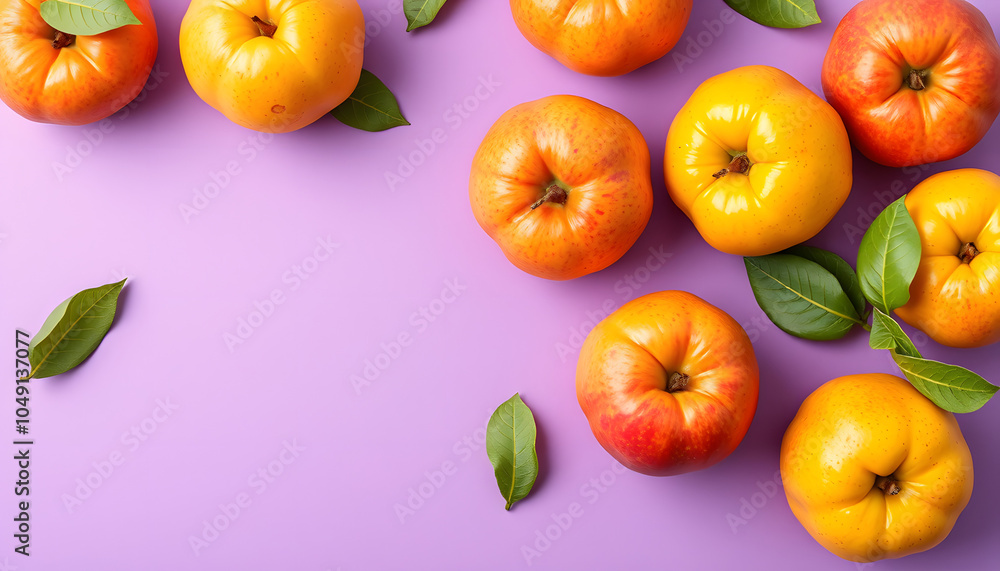 Colorful fruit pattern of fresh quinces on purple background isolated with white highlights, png Colorful fruit pattern of fresh quinces on purple background isolated with white highlights, png
