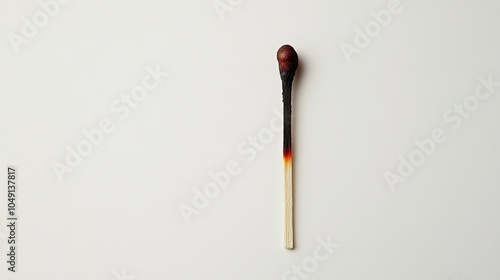 A single burnt matchstick on a stark white background, its tip glowing faintly red, representing the emotional exhaustion of burnout.