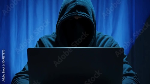 Hacker in hoodie using laptop, representing cyber security and online threats.
