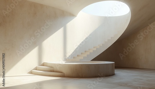 Circular Platform with Stairs and Skylight in Minimalist Interior