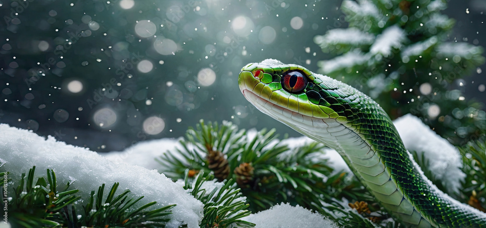 Portrait of a snake on a background of fir branches and falling snow Portrait of a snake on a background of fir branches and falling snow
