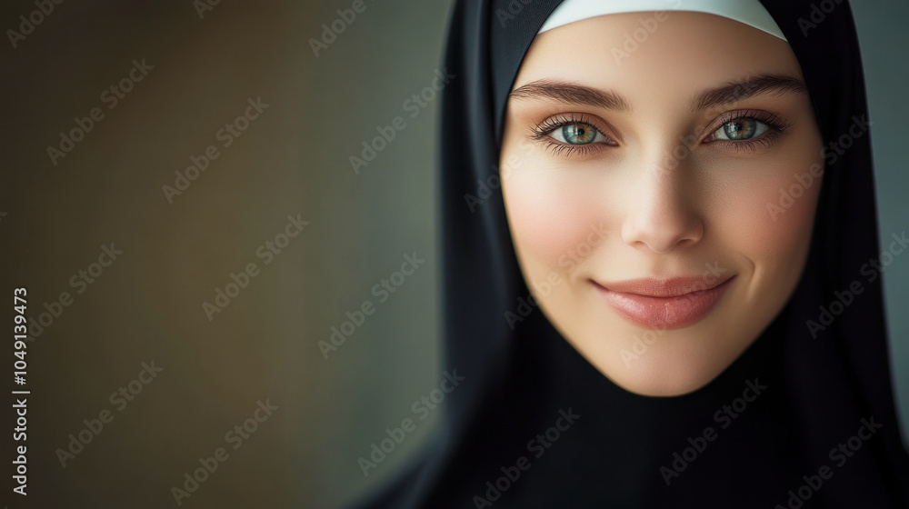 A friendly nun smiling warmly, showcasing compassion and kindness in a serene environment during a quiet afternoon A friendly nun smiling warmly, showcasing compassion and kindness in a serene environment during a quiet afternoon