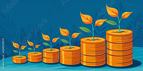 Piles of coins gradually increase in height, each topped with a small plant with vibrant leaves.Background features abstract foliage, suggesting the theme of financial growth and sustainability. AI ge