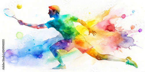 A vibrant watercolor style captures a tennis player reaching to hit a ball, with splashes of colorful hues trailing the motion. The dynamic pose highlights the energy and agility of the sport.AI gener