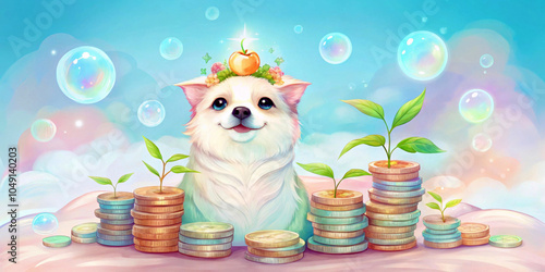 A cute dog with a crown stands among stacks of colorful coins, with small plants growing from them. Bubbles float around, enhancing the dreamy, whimsical atmosphere.AI generated.