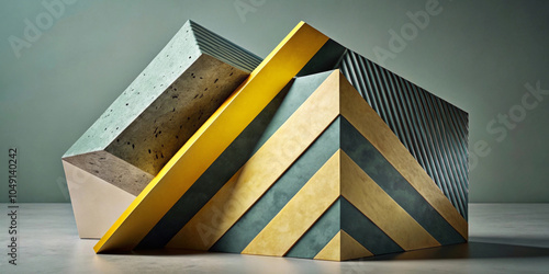 The dull-toned geometric shapes are arranged in an interesting composition, with the play of angles and shadows. The use of stripes and diagonal lines creates visual interest. AI generated.