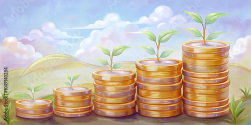 The gold coins are stacked in ever-increasing heights, each sprouting green plants against a background of hills and a cloudy sky. The scene symbolizes growth and prosperity. AI generated.