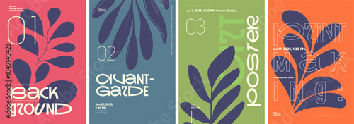 Modern poster set with bold typography and minimalist botanical graphics. Features creative layout designs, vector elements, and vibrant backgrounds for events in 2025.